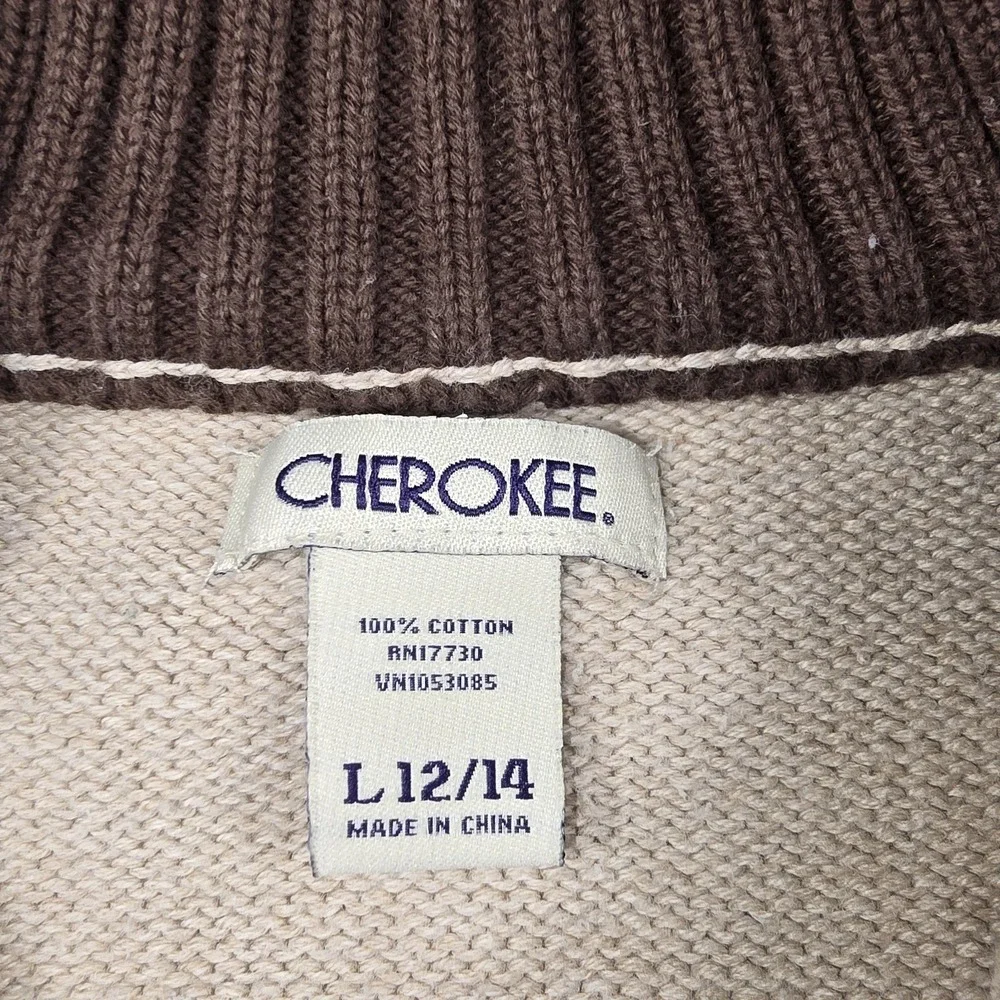 Cherokee Kids L 12/14 Tan Quarter‎ Zip Sweater Mock Neck Cotton Ribbed Trim